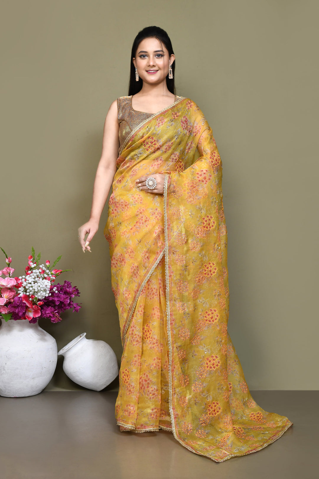 Yellow-Pure-Organza-Floral-Print-Embroidered-Saree