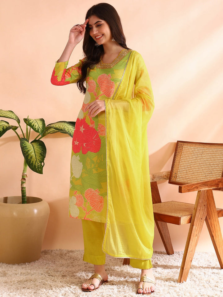 Yellow-Rayon-Blend-Floral-Print-3-Piece-Kurta-Set