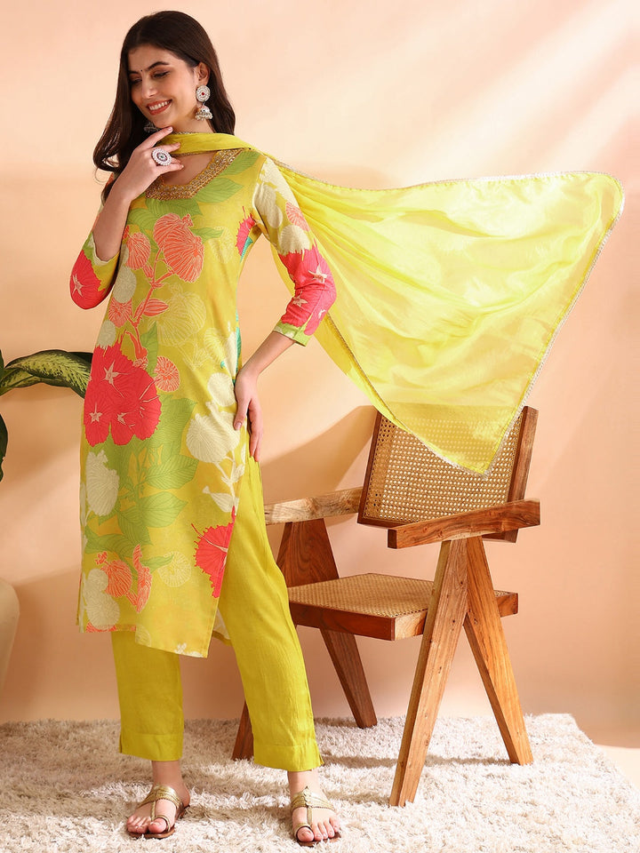 Yellow-Rayon-Blend-Floral-Print-3-Piece-Kurta-Set