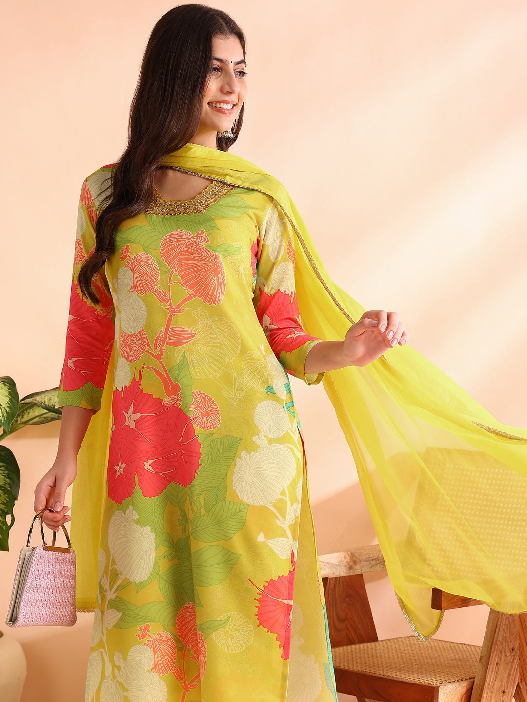 Yellow-Rayon-Blend-Floral-Print-3-Piece-Kurta-Set