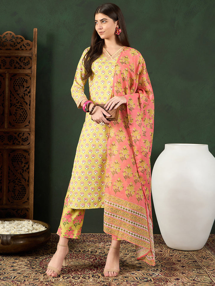 ZERESOUQ-Yellow-Rayon-Blend-Floral-Printed-3-Piece-Kurta-Set