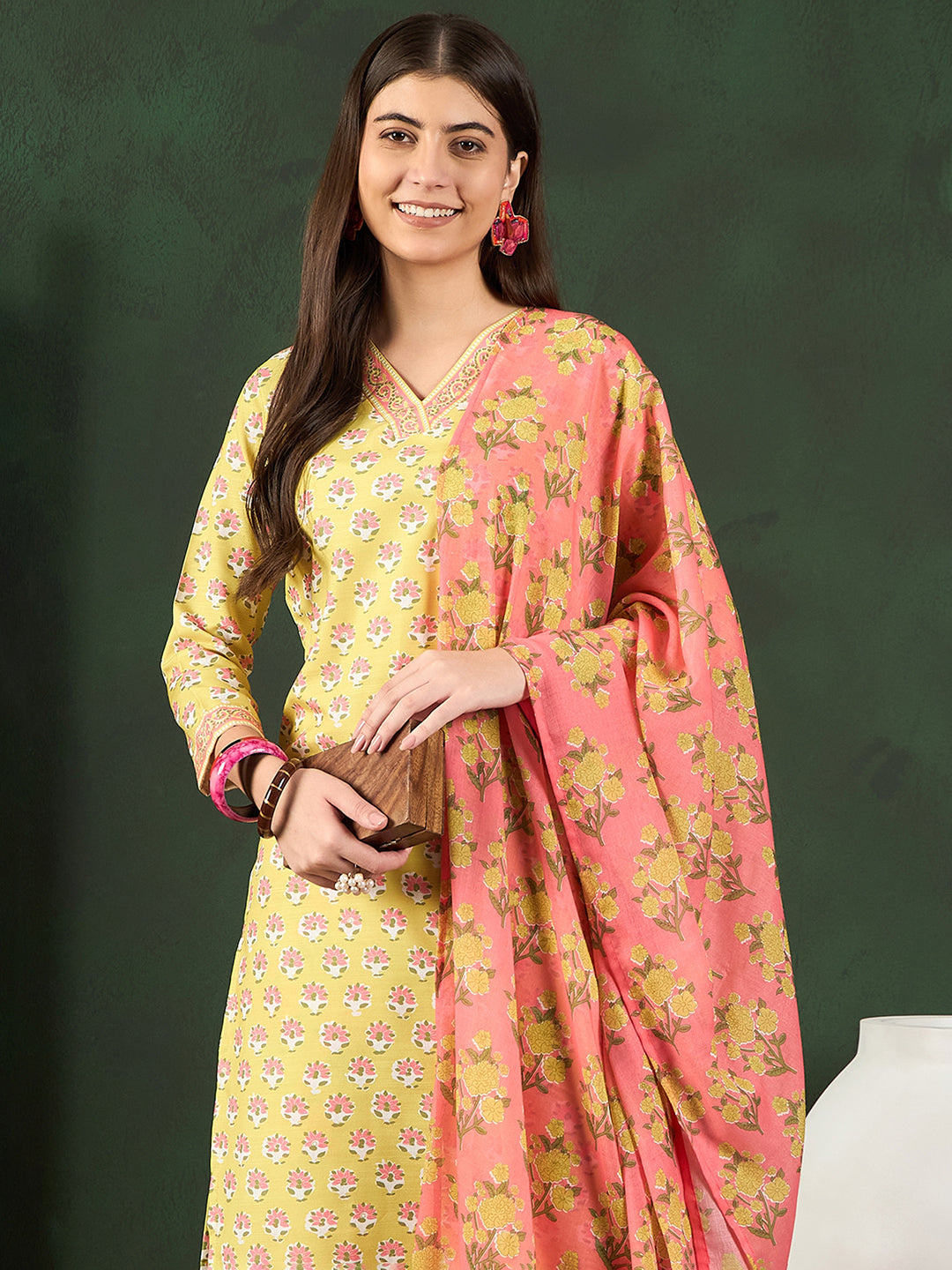 Yellow-Rayon-Blend-Floral-Printed-3-Piece-Kurta-Set