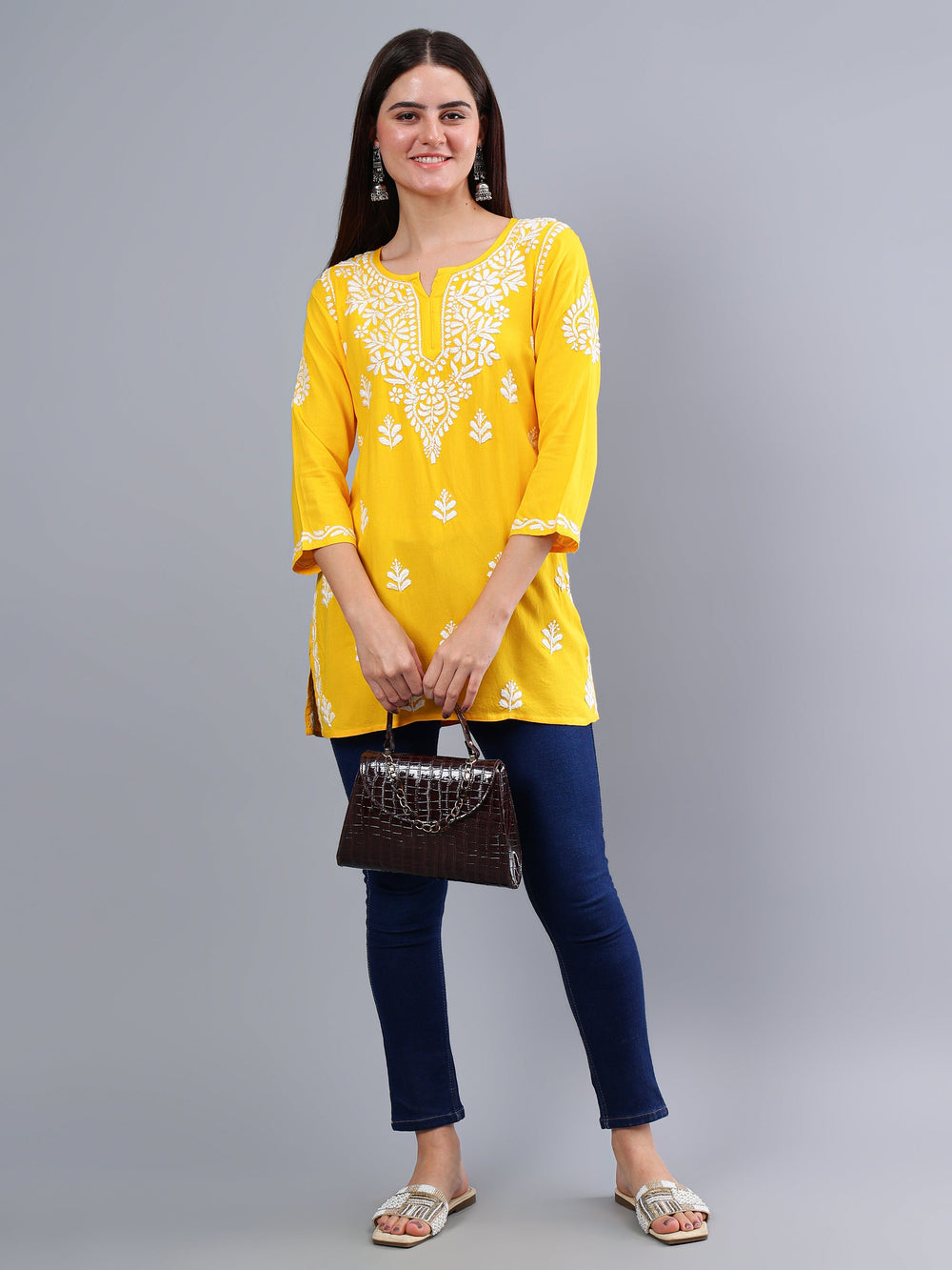 Yellow-Rayon-Embroidered-Chikankari-Short-Tunic