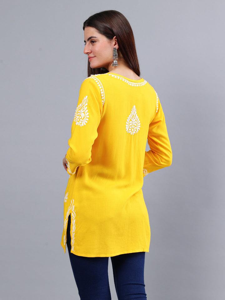 Yellow-Rayon-Embroidered-Chikankari-Short-Tunic