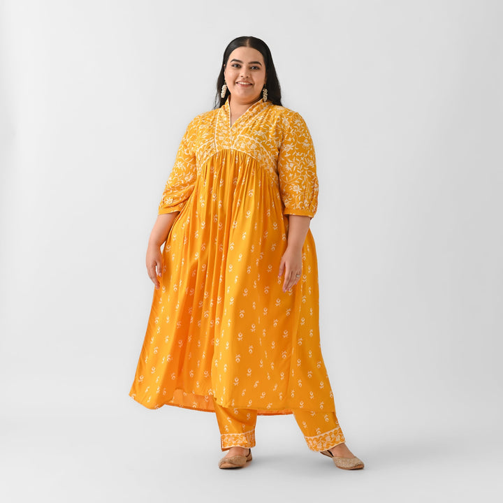 Yellow-Rayon-Floral-Jaal-V-Neck-2-Piece-Kurta-Set