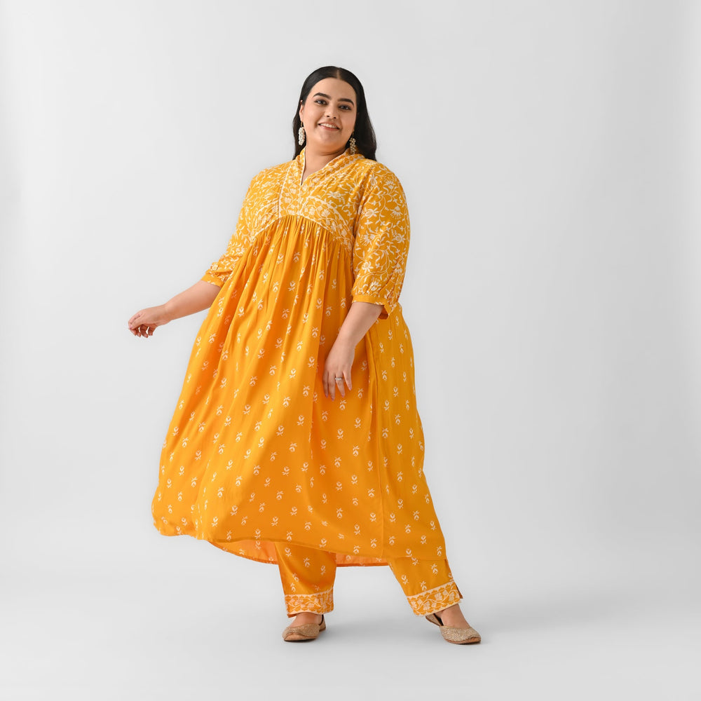 Yellow-Rayon-Floral-Jaal-V-Neck-2-Piece-Kurta-Set