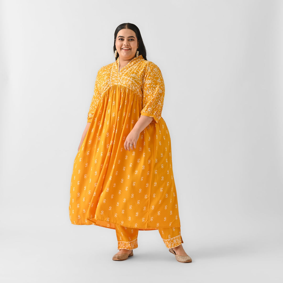 Yellow-Rayon-Floral-Jaal-V-Neck-2-Piece-Kurta-Set