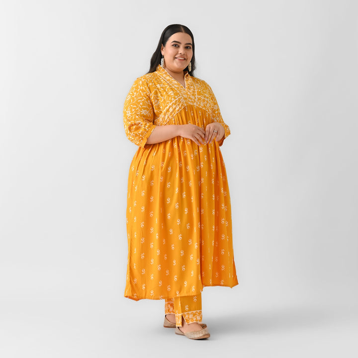 Yellow-Rayon-Floral-Jaal-V-Neck-2-Piece-Kurta-Set