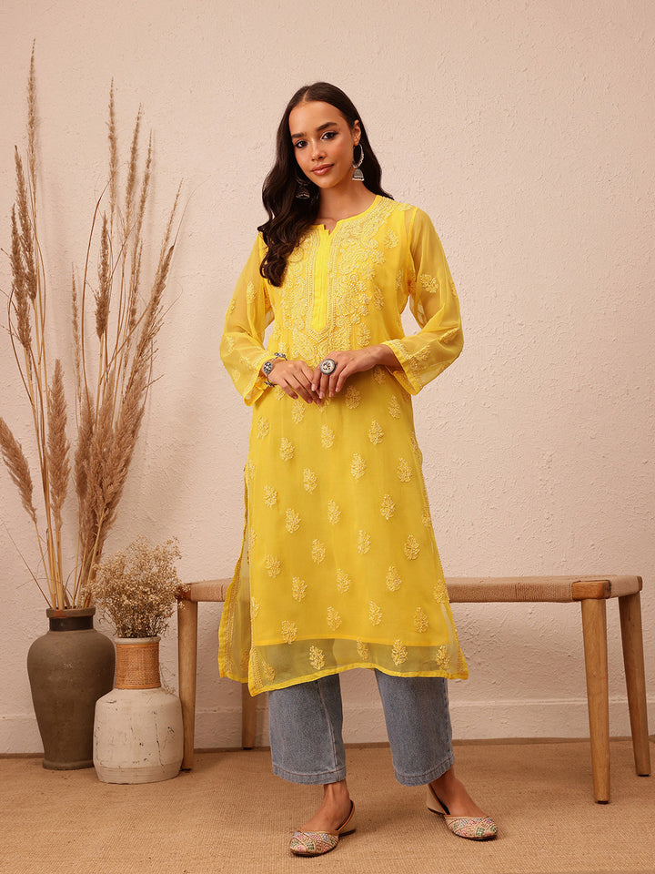 Yellow Semi-Sheer Handloom Chikankari Kurta With Slip