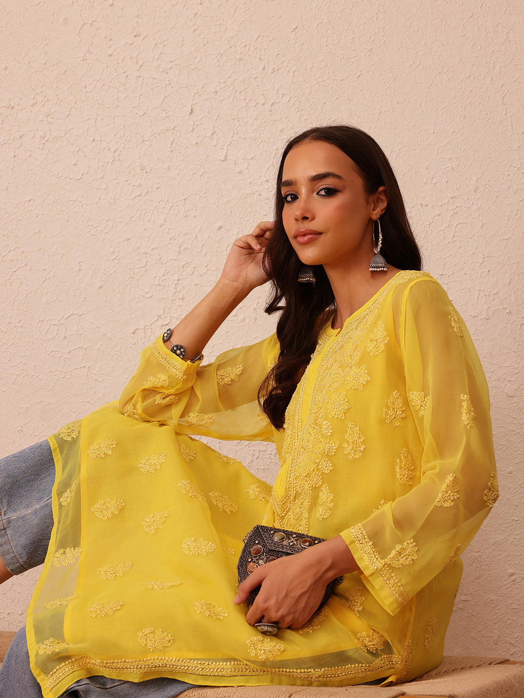 Yellow Semi-Sheer Handloom Chikankari Kurta With Slip