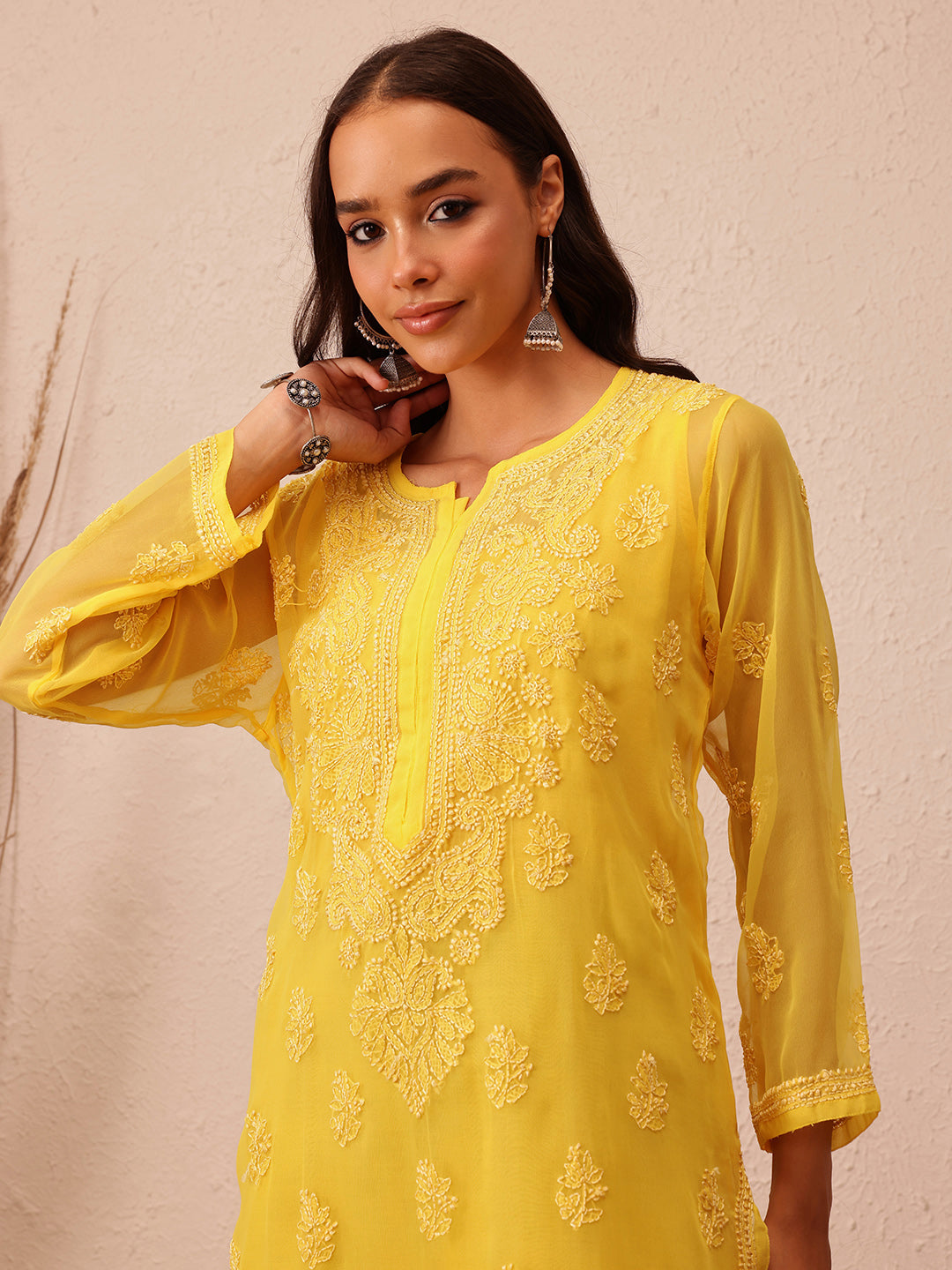 Yellow Semi-Sheer Handloom Chikankari Kurta With Slip