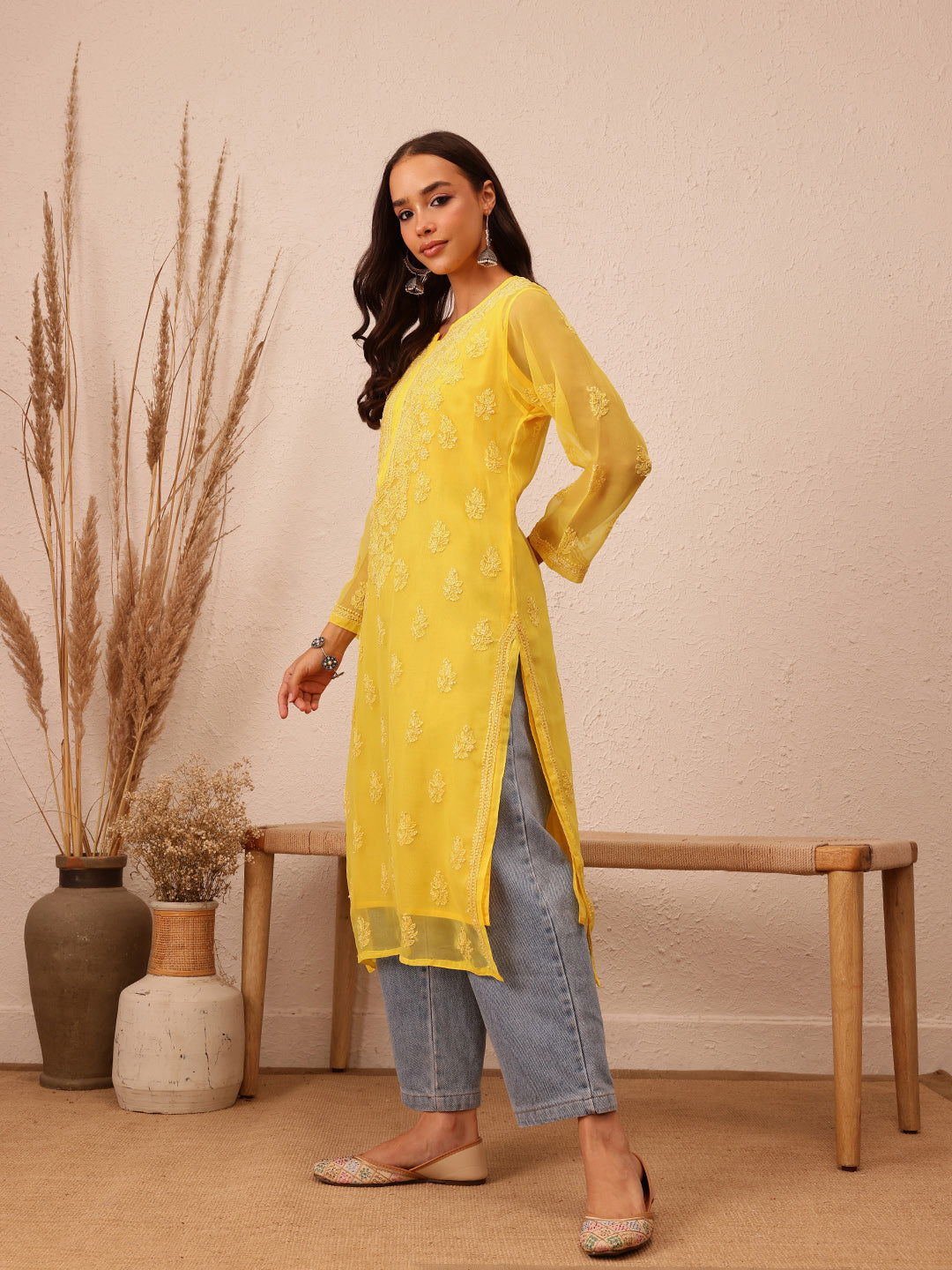 Yellow Semi-Sheer Handloom Chikankari Kurta With Slip