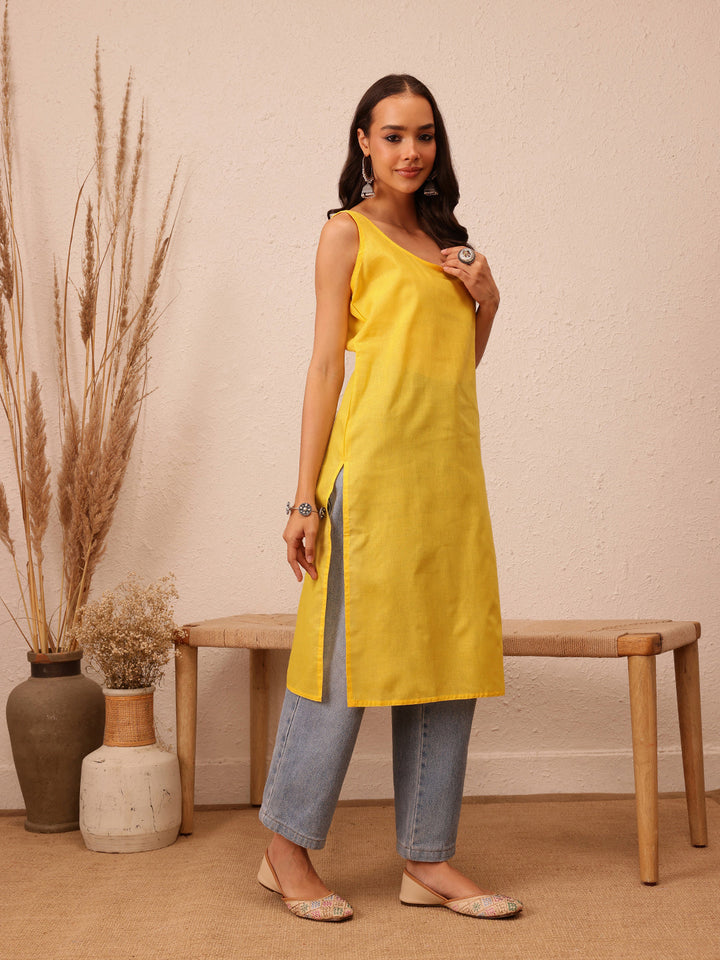 Yellow Semi-Sheer Handloom Chikankari Kurta With Slip