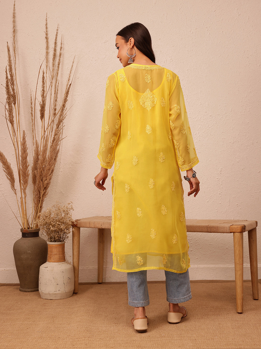 Yellow Semi-Sheer Handloom Chikankari Kurta With Slip