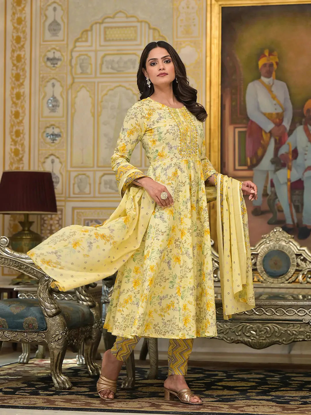 Yellow-Cotton-Sequins-Work-Floral-Printed-Anarkali-Set