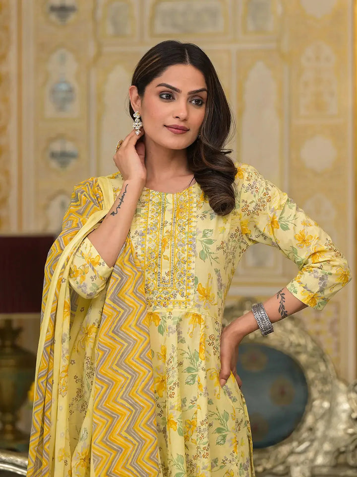 Yellow-Cotton-Sequins-Work-Floral-Printed-Anarkali-Set