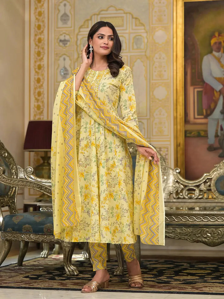 Yellow-Cotton-Sequins-Work-Floral-Printed-Anarkali-Set