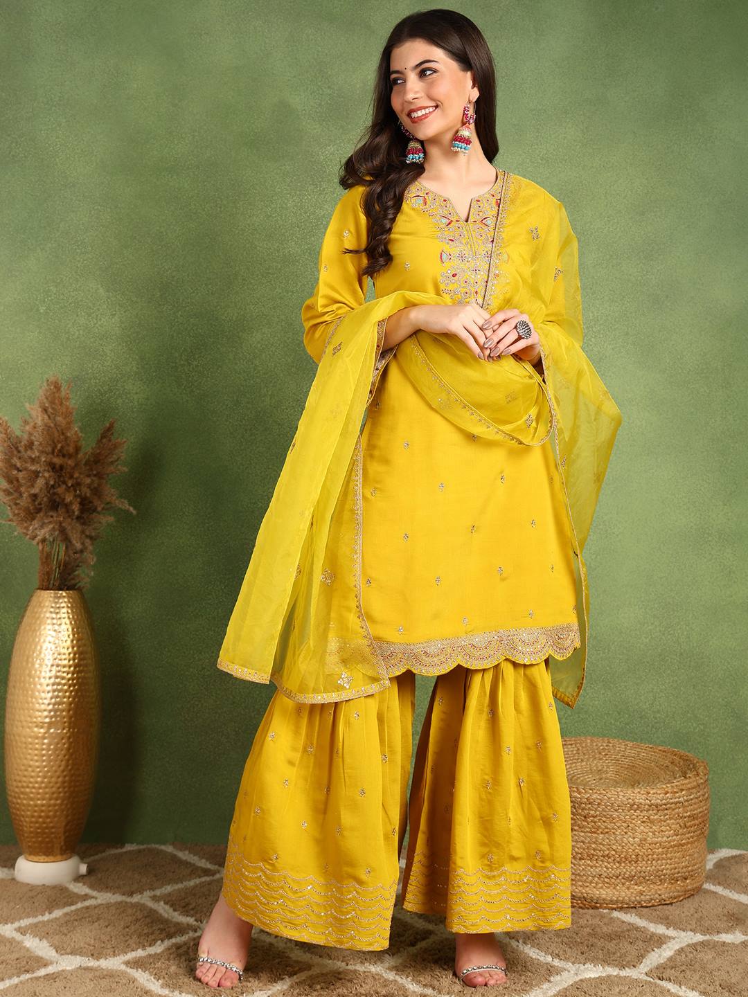 Yellow-Silk-Blend-Embroidered-Zari-Sharara-Sets