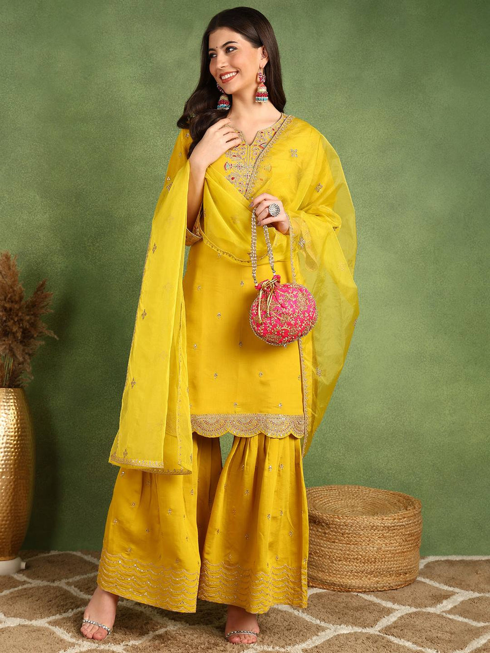 Yellow-Silk-Blend-Embroidered-Zari-Sharara-Sets