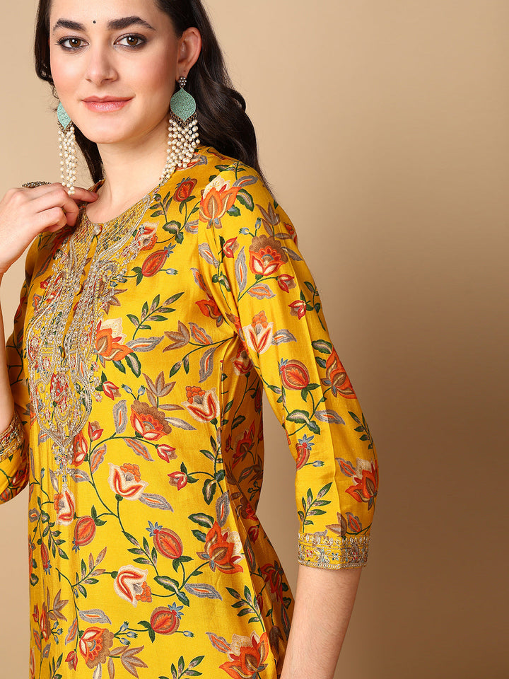 Yellow Silk Blend Floral Printed Straight Kurta Trouser With Dupatta