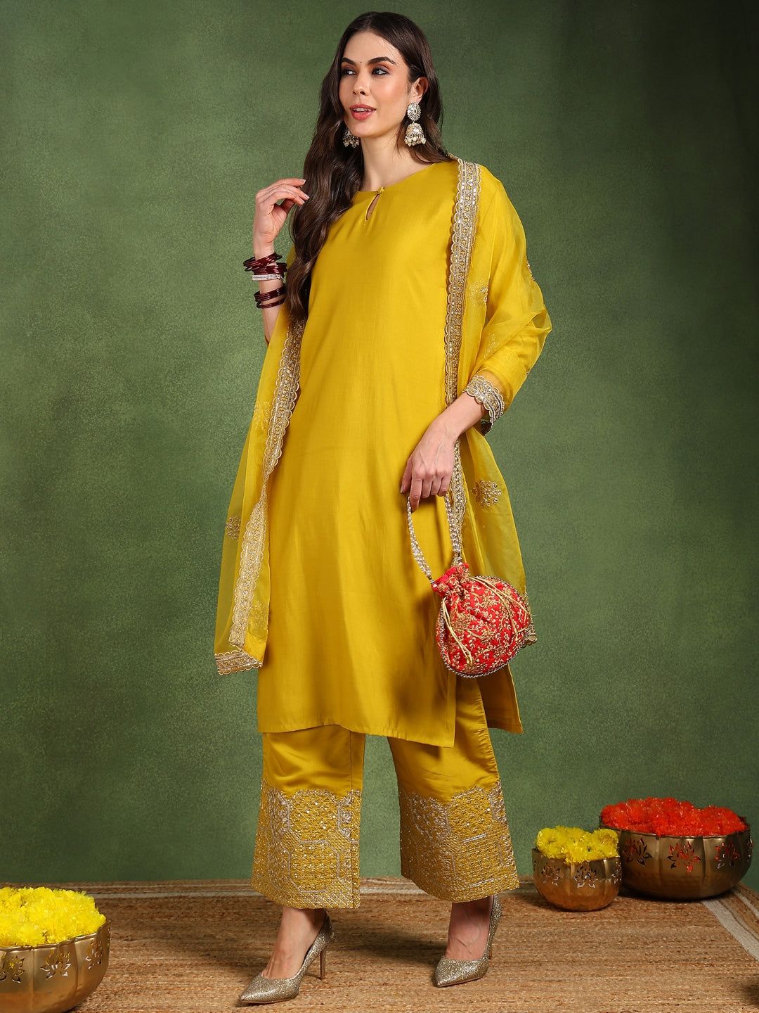 Yellow-Silk-Blend-Solid-Solid-Straight-3-Piece-Kurta-Set