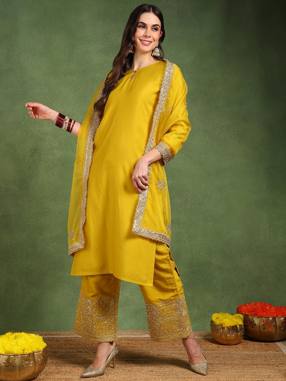 Yellow-Silk-Blend-Solid-Solid-Straight-3-Piece-Kurta-Set