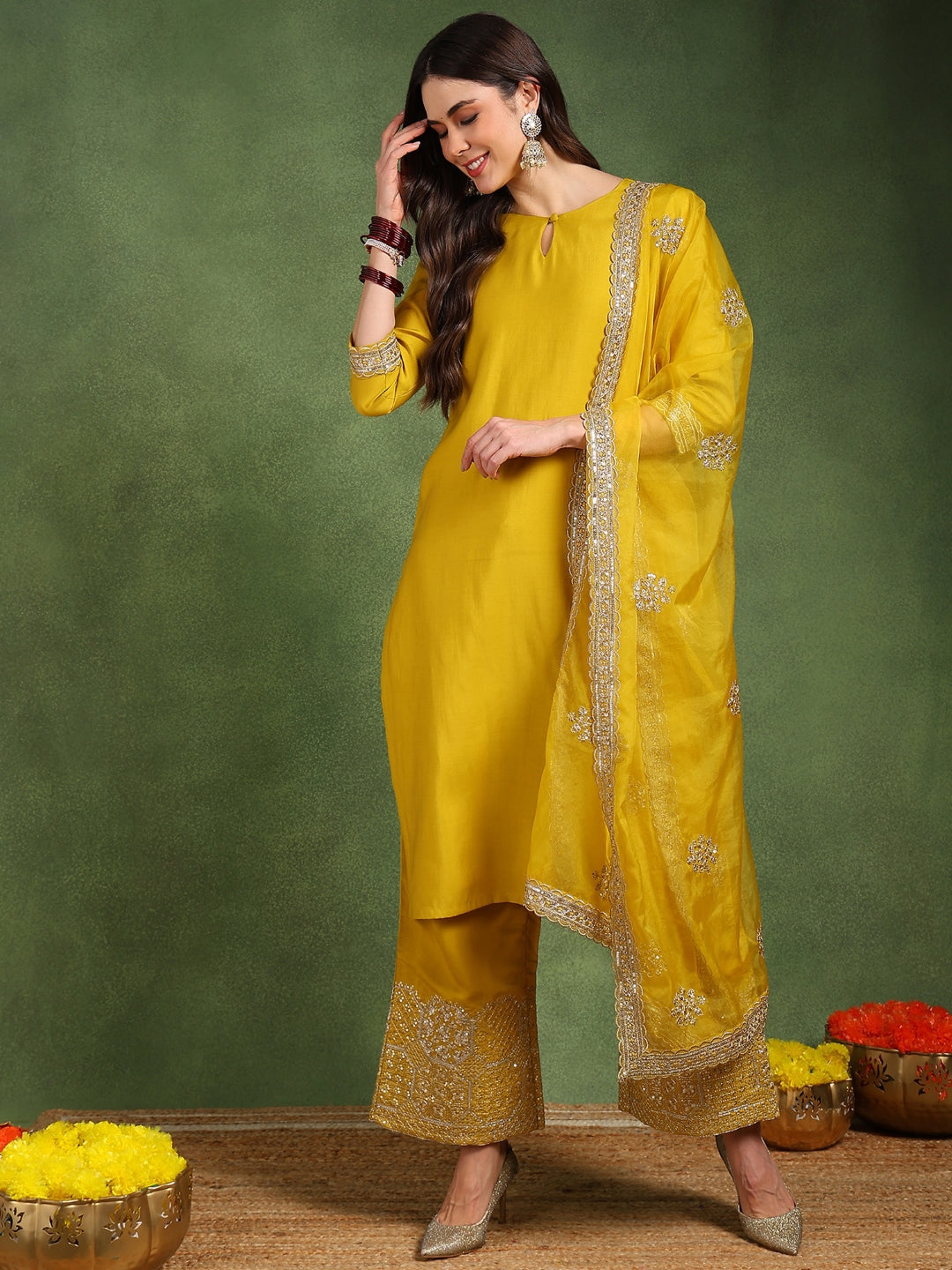 Yellow-Silk-Blend-Solid-Solid-Straight-3-Piece-Kurta-Set