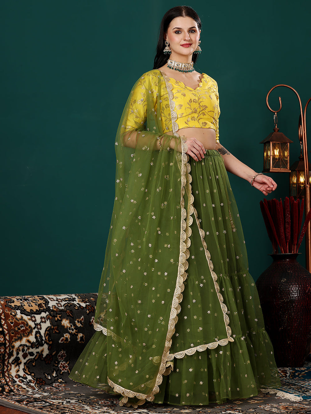 Yellow-Silk-Jacquard-&-Green-Embroidered-Lehenga-Set
