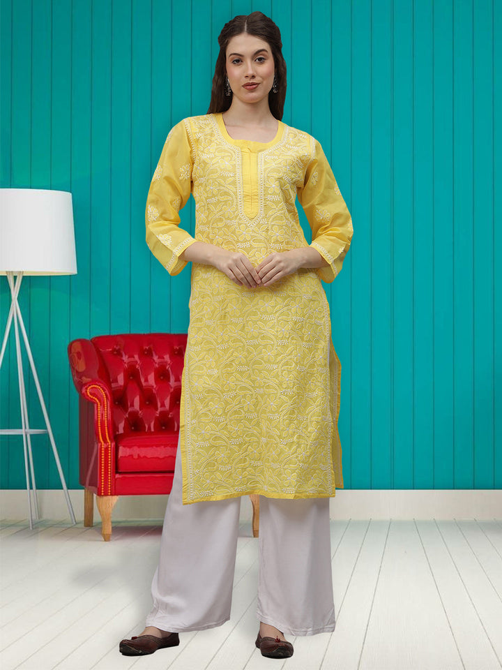 Yellow-Terivoil-&-White-Embroidered-Chikankari-Kurti