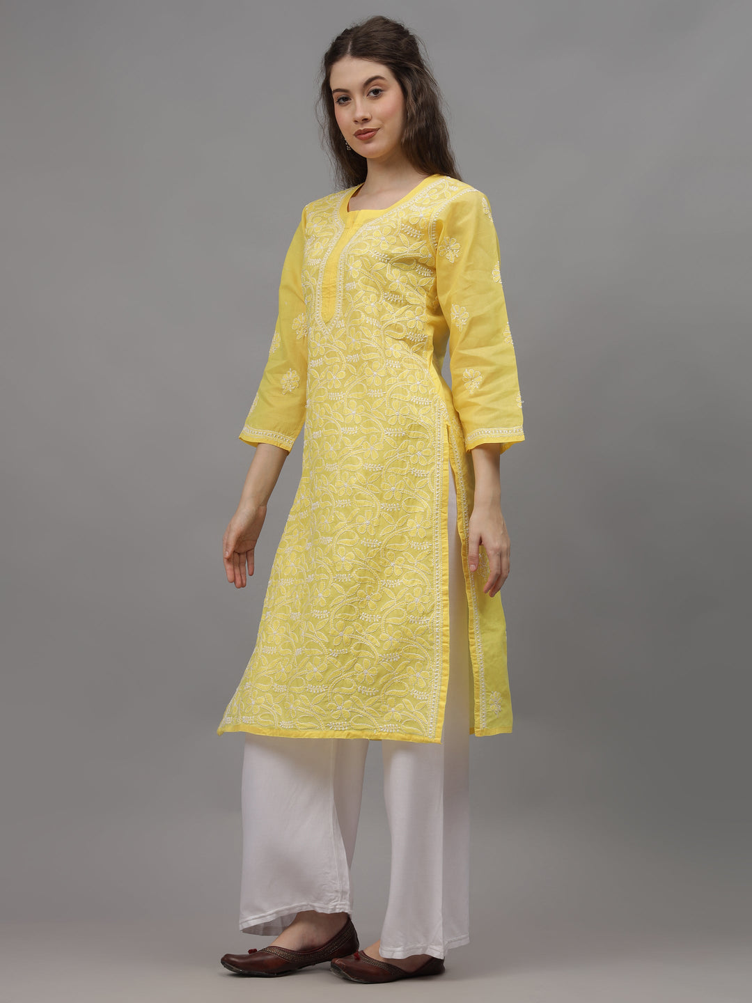 Yellow-Terivoil-&-White-Embroidered-Chikankari-Kurti