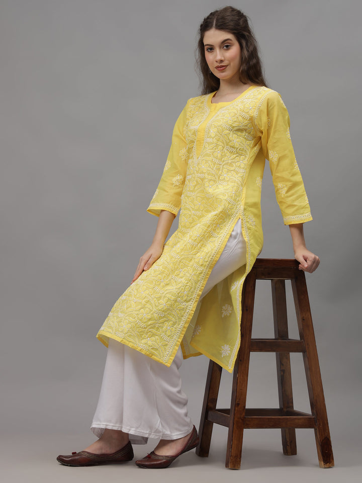 Yellow-Terivoil-&-White-Embroidered-Chikankari-Kurti