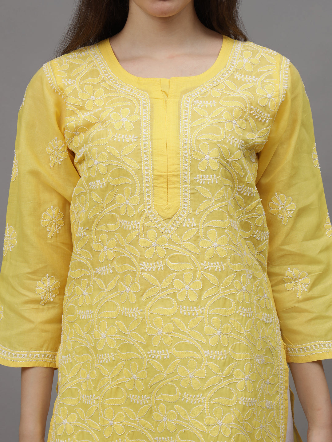 Yellow-Terivoil-&-White-Embroidered-Chikankari-Kurti