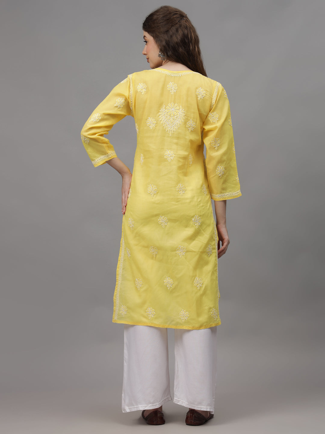 Yellow-Terivoil-&-White-Embroidered-Chikankari-Kurti