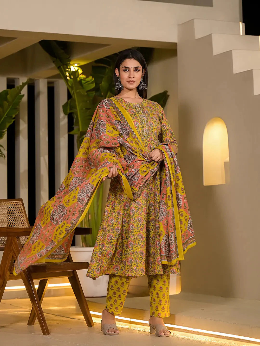 Yellow-Cotton-Thread-Work-Floral-Printed-Anarkali-Set