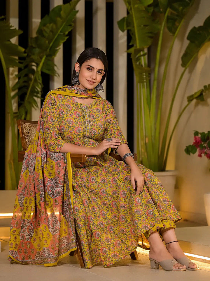 Yellow-Cotton-Thread-Work-Floral-Printed-Anarkali-Set