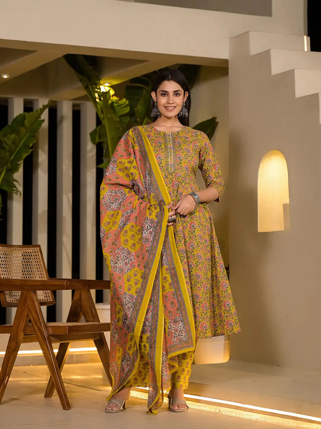 Yellow-Cotton-Thread-Work-Floral-Printed-Anarkali-Set