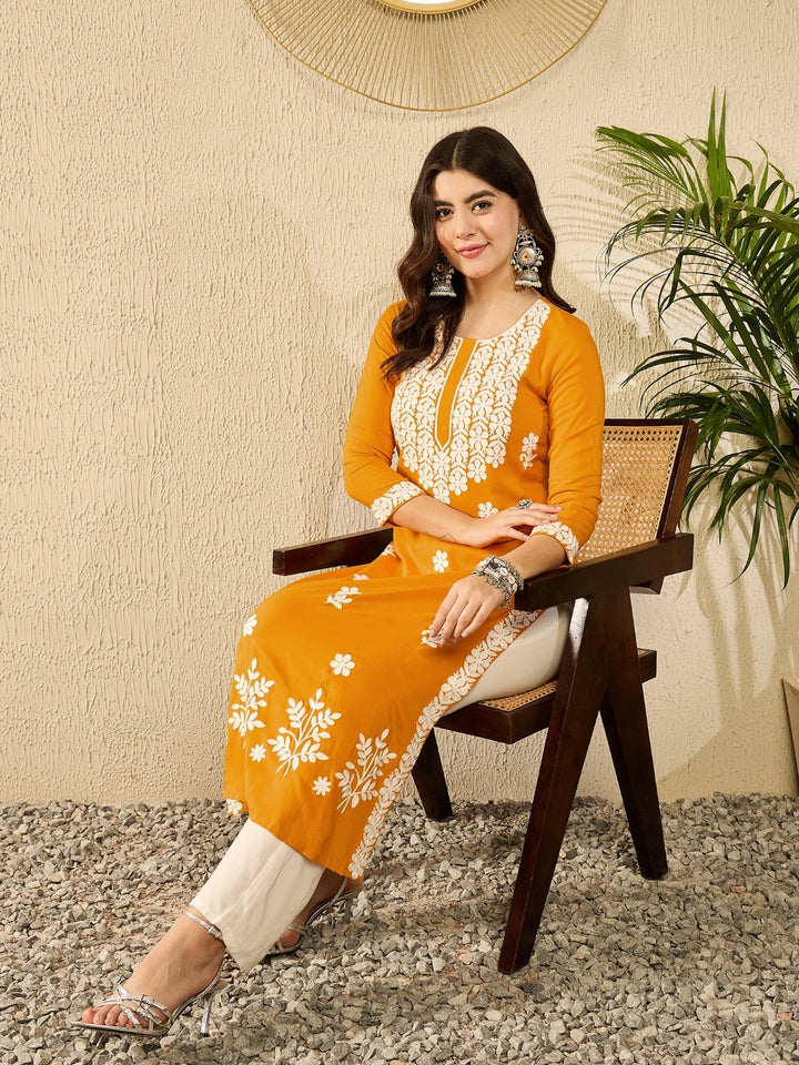 Yellow Viscose Rayon Solid Embroidered Straight Kurta