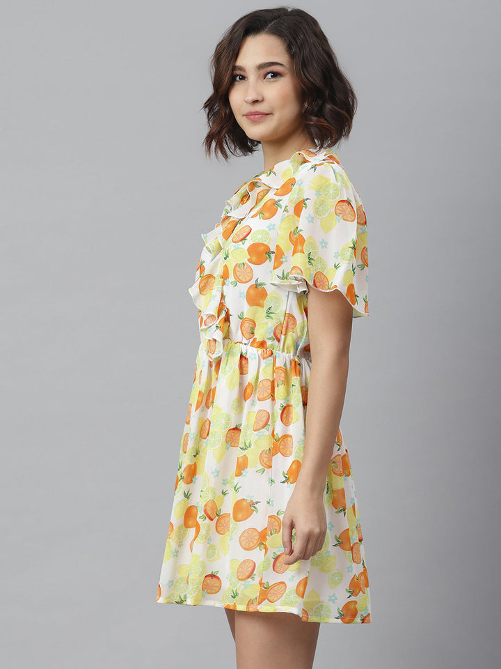 Yellow-&-Orange-Polyester-Fruit-Print-Dress-With-Ruffle