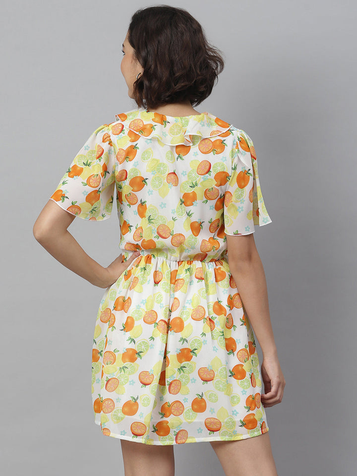 Yellow-&-Orange-Polyester-Fruit-Print-Dress-With-Ruffle