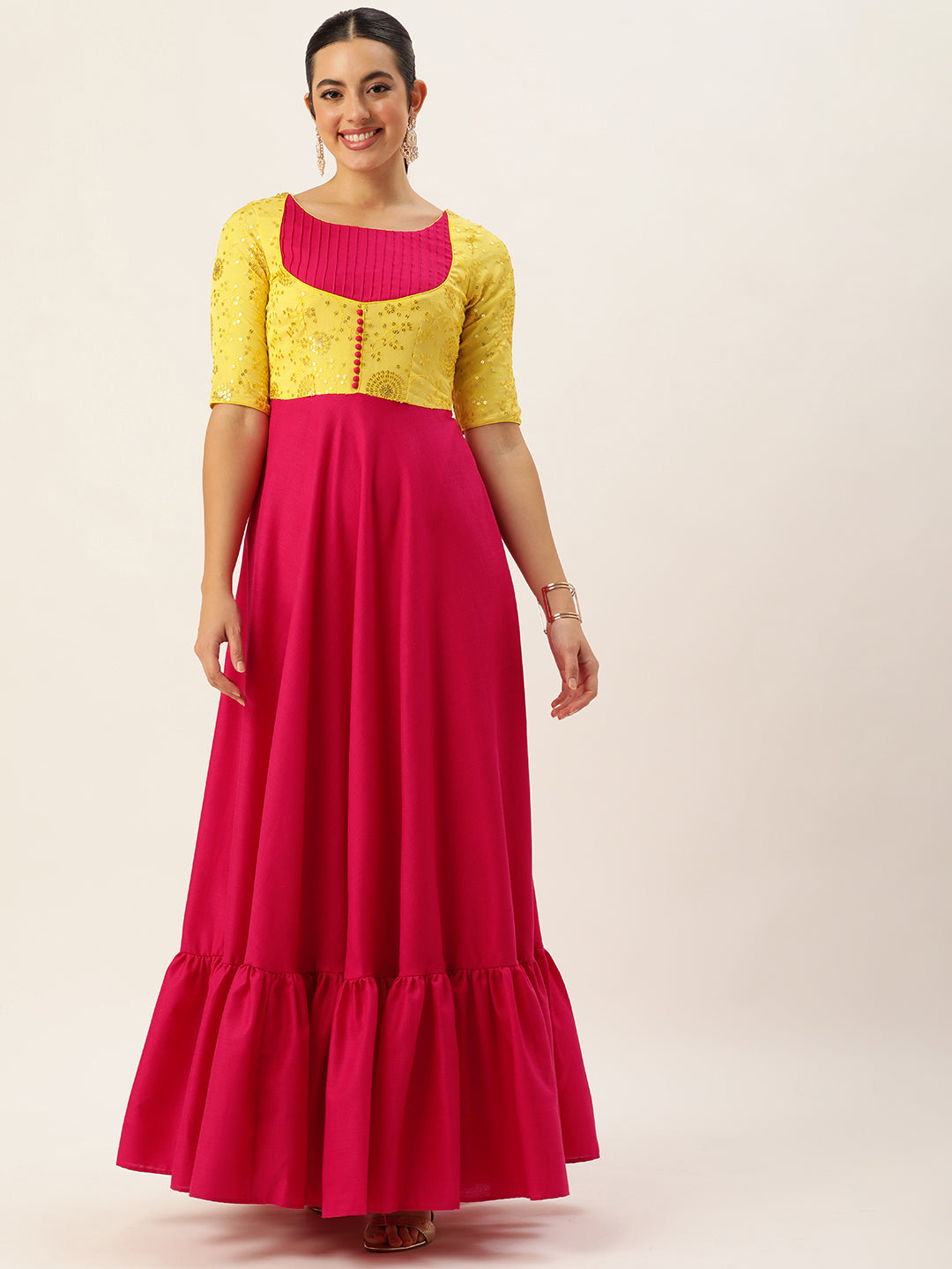 Yellow-&-Pink-Chinon-&-Rayon-Embroidered-Gown