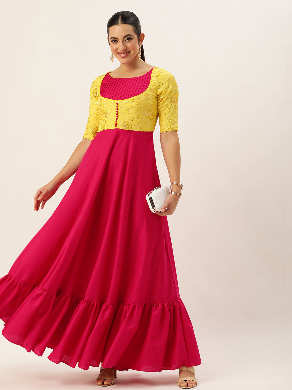 Yellow-&-Pink-Chinon-&-Rayon-Embroidered-Gown