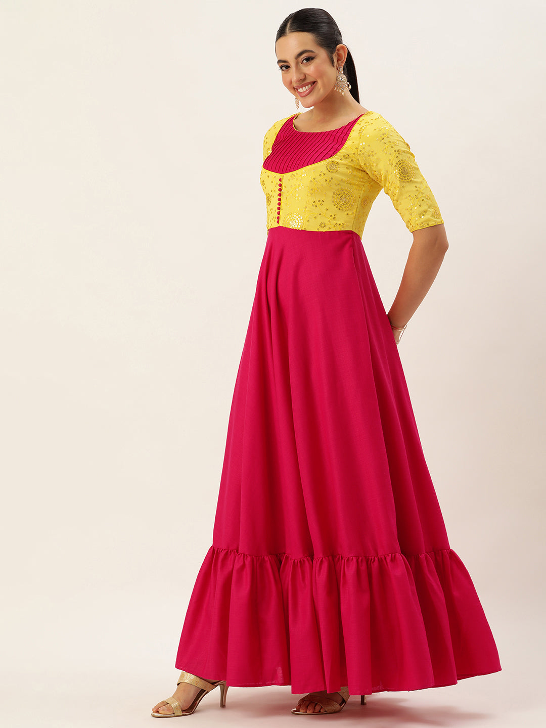 Yellow-&-Pink-Chinon-&-Rayon-Embroidered-Gown