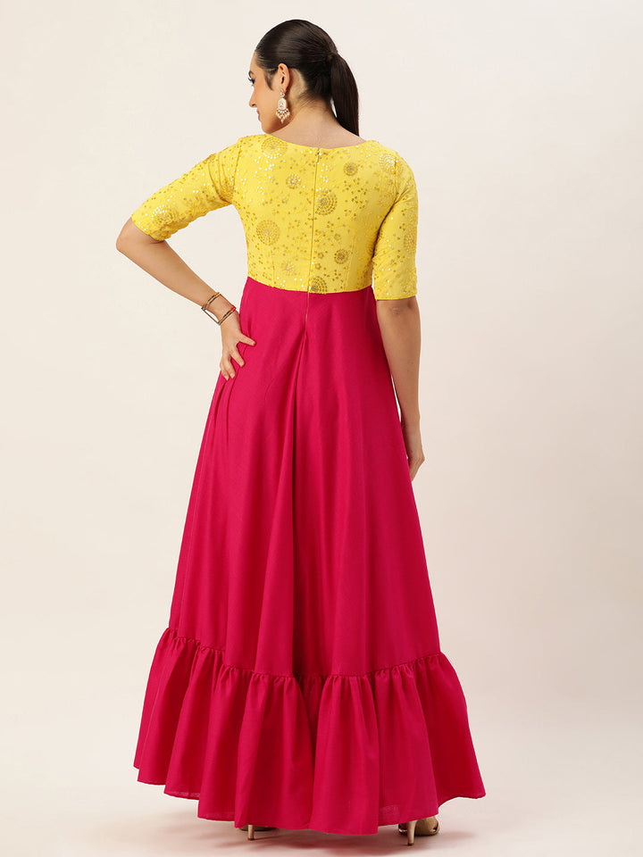 Yellow-&-Pink-Chinon-&-Rayon-Embroidered-Gown