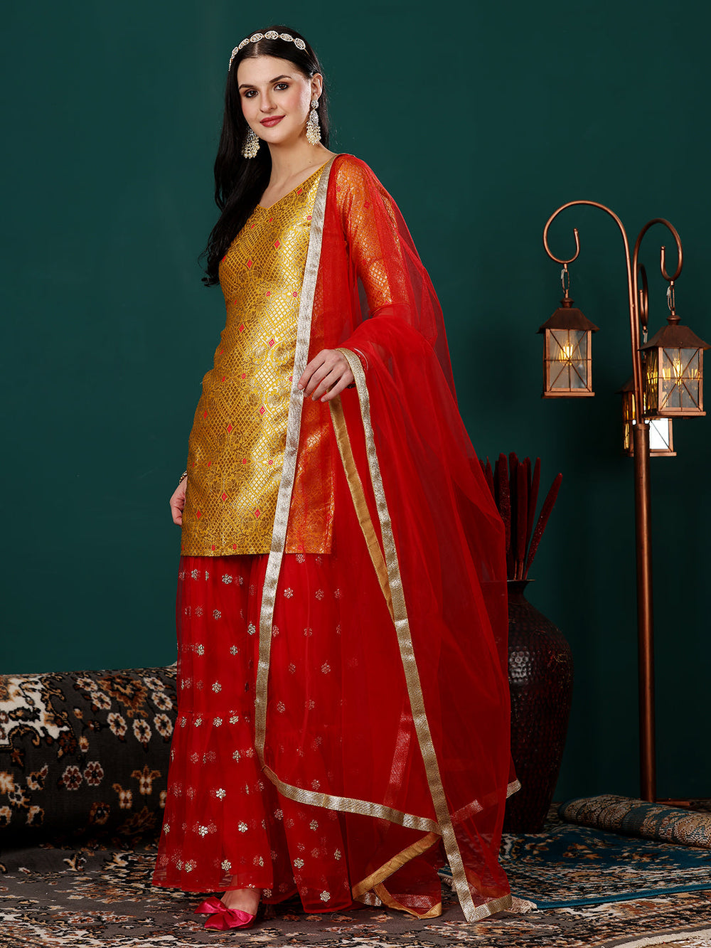 Yellow-&-Red-Jacquard-Net-Embroidered-Gharara-Suit