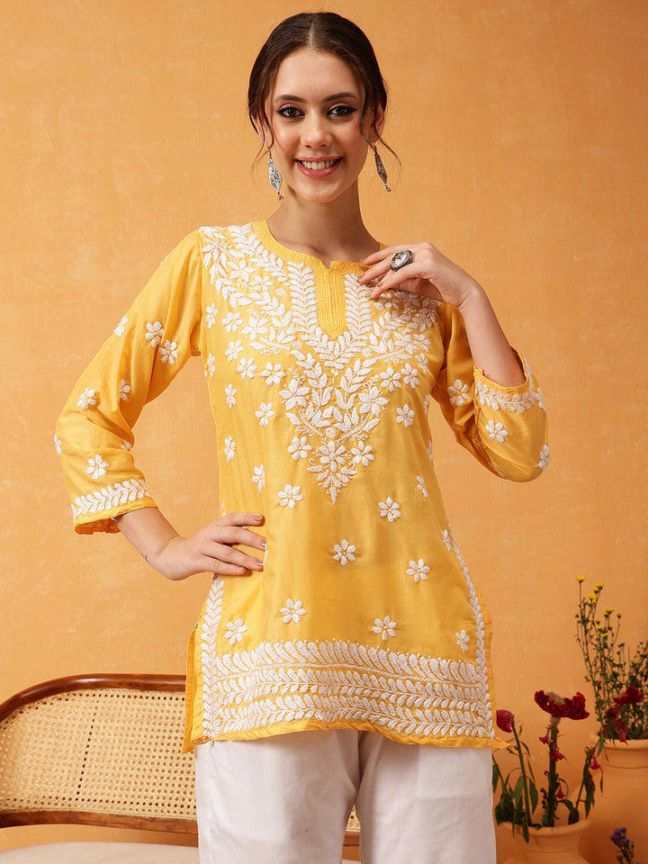 Yellow & White Authentic Muslin Chikankari Tunic