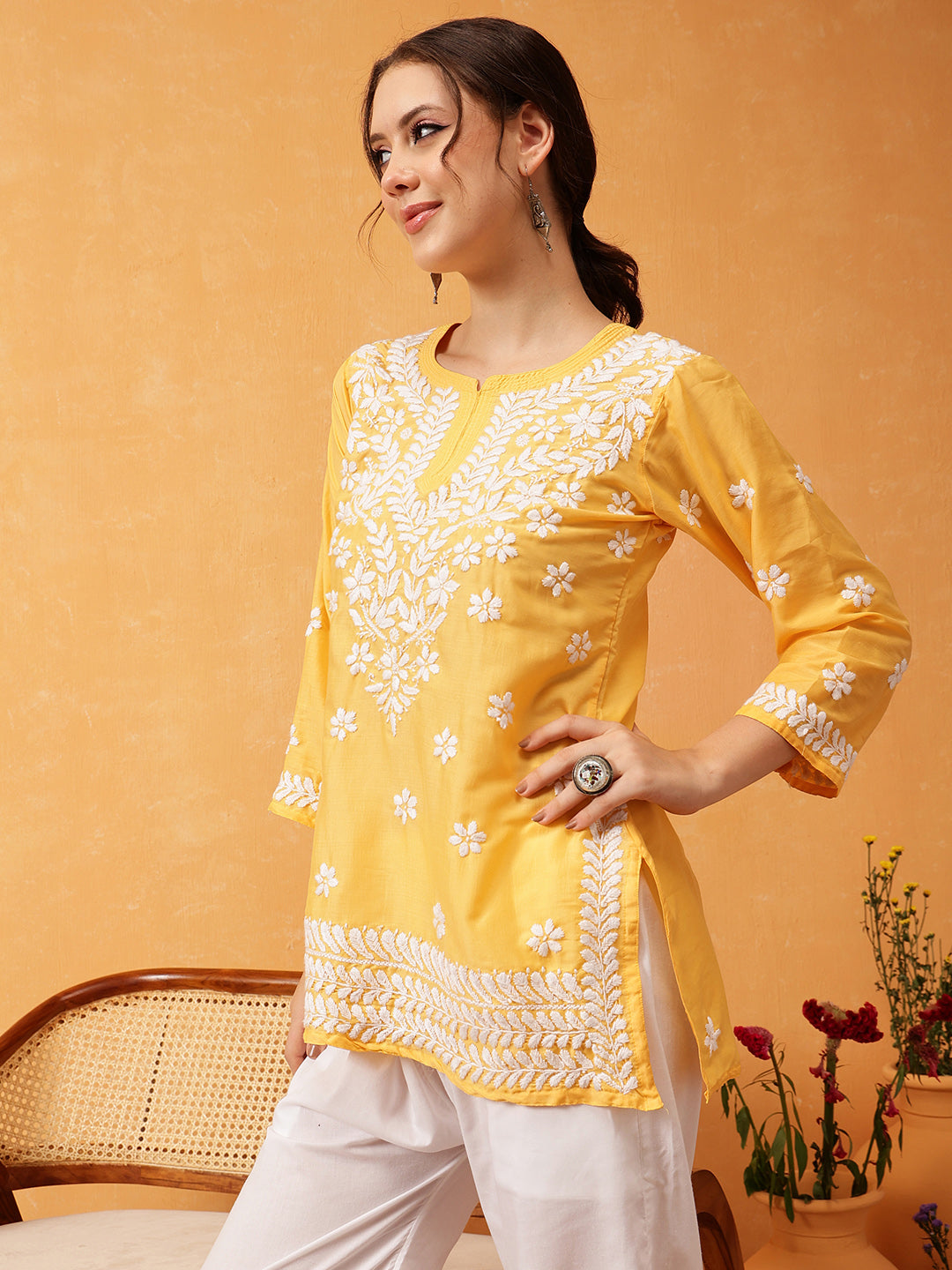 Yellow & White Authentic Muslin Chikankari Tunic