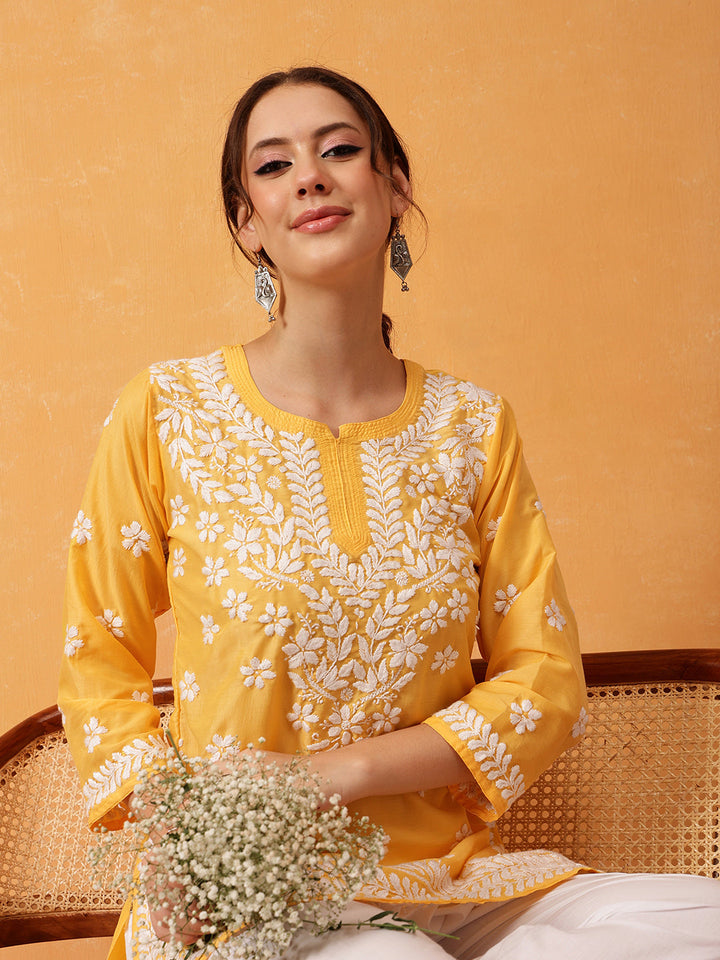 Yellow & White Authentic Muslin Chikankari Tunic