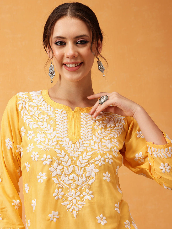 Yellow & White Authentic Muslin Chikankari Tunic