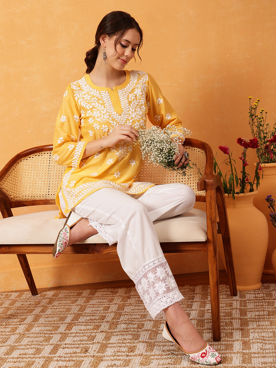 Yellow & White Authentic Muslin Chikankari Tunic