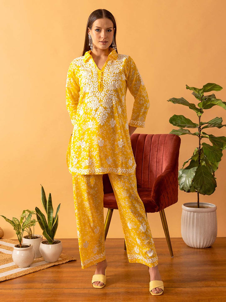 Yellow-&-White-Chanderi-Cotton-Chikankari-Co-Ord-Sets